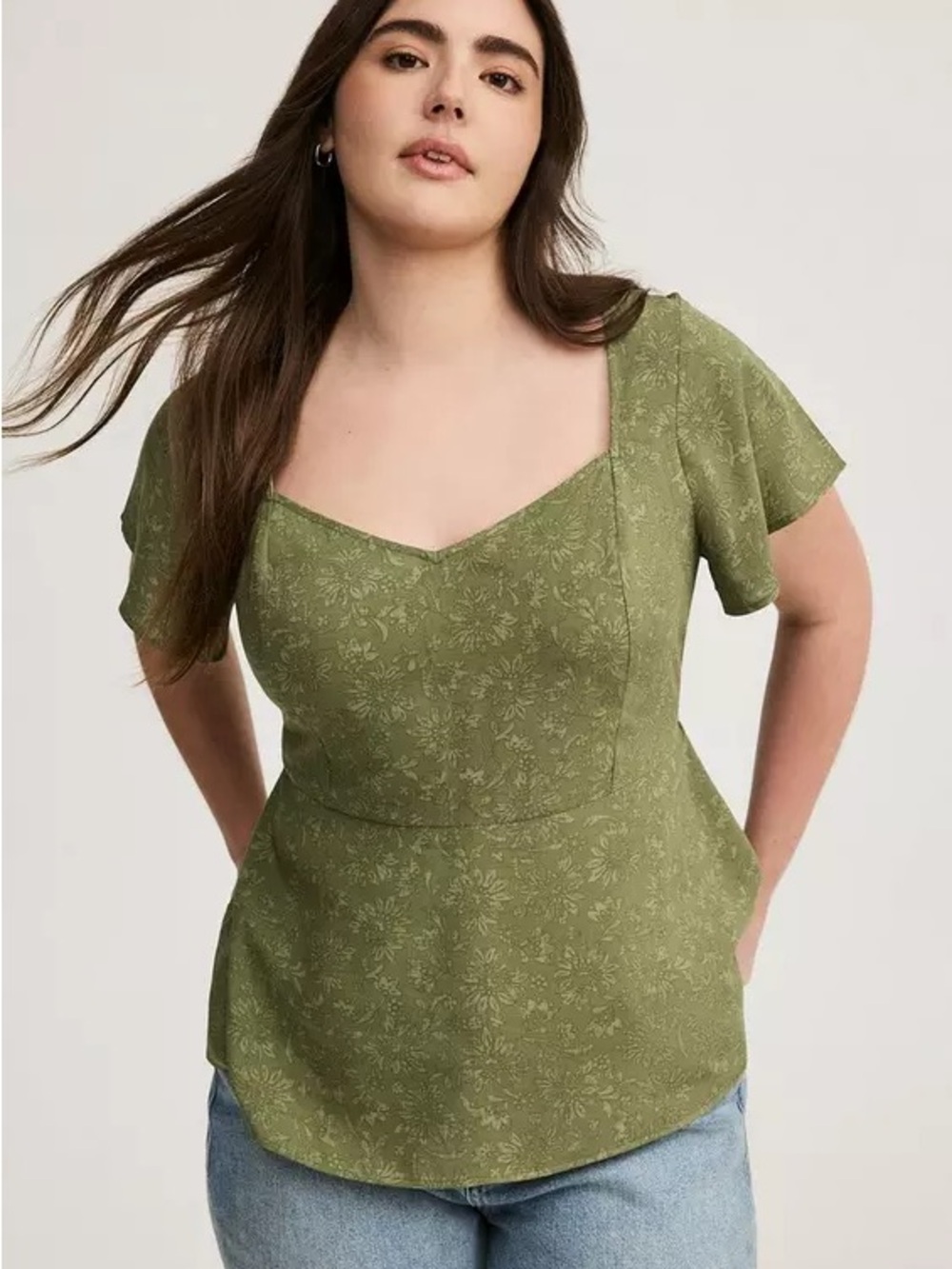 torrid Olive Green Floral Square-Neck Blouse
